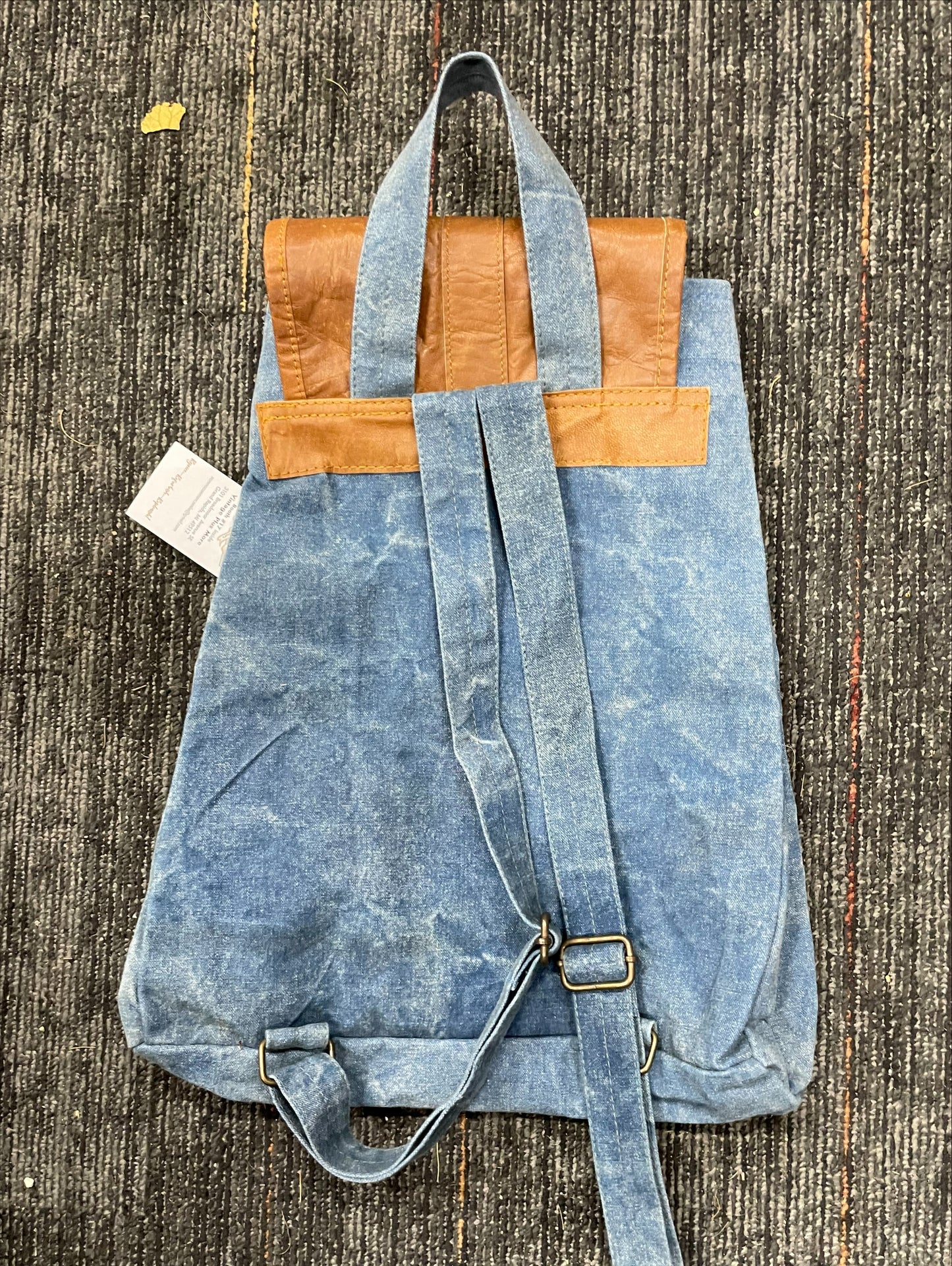 Vintage Upcycled Denim Blue Canvas Backpack 13"wx15.75"hx3"d