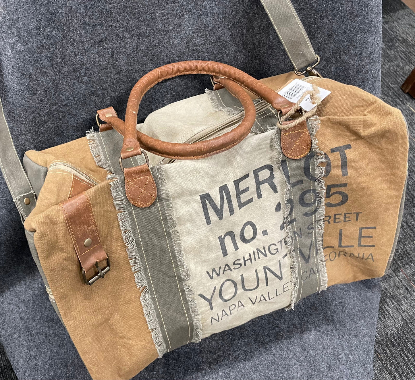 Multi Colour Upcycled Canvas Napa Valley Weekend Duffle Mustard Brown 10.75"hx19.25"w