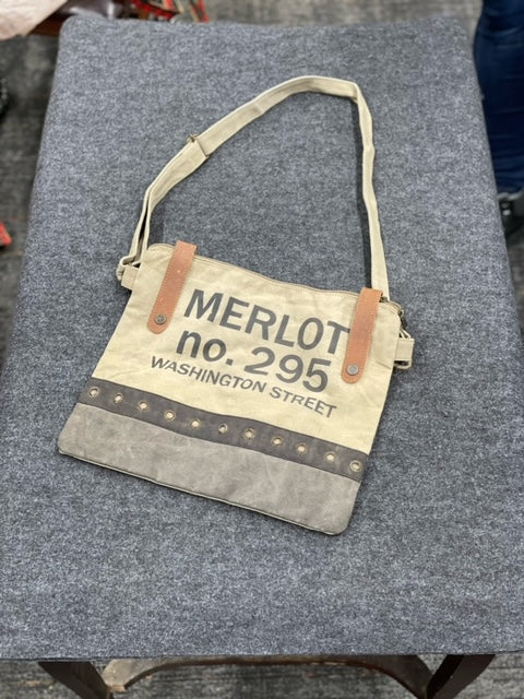 'MERLOT no295' Upcycled Canvas Cross Body Bag Tan & Chocolate 13.5"wx11.5"hx.75"d