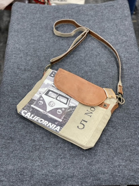 Big Sur VW Camper Van Upcycled Canvas Flapover Cross Body Bag Tan 16"wx10.25"hx2.25"d