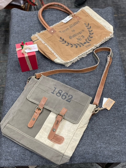 '1862' Upcycled Canvas Messenger Bag Military Green & Tan 12"wxc14.5"hx3"d
