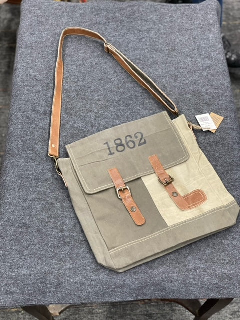 '1862' Upcycled Canvas Messenger Bag Military Green & Tan 12"wxc14.5"hx3"d