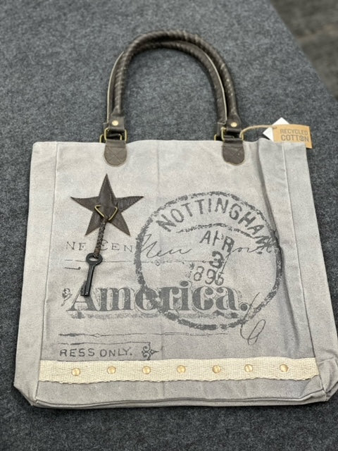 Post Mark Upcycled Vintage Canvas Tote Greige w/Dark Leather 15.75"wx15.25"wx3"d