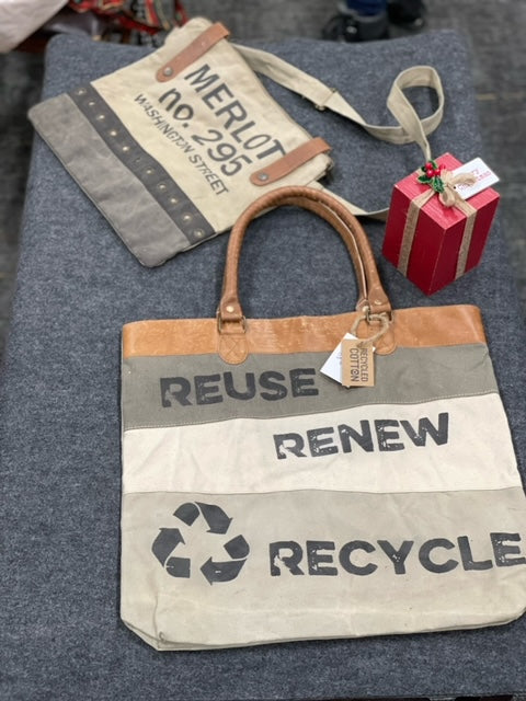 'Reuse, Renew, Recycle' Upcycled Canvas Tote Military Green & Tan 17"wx15.75"hx3"d