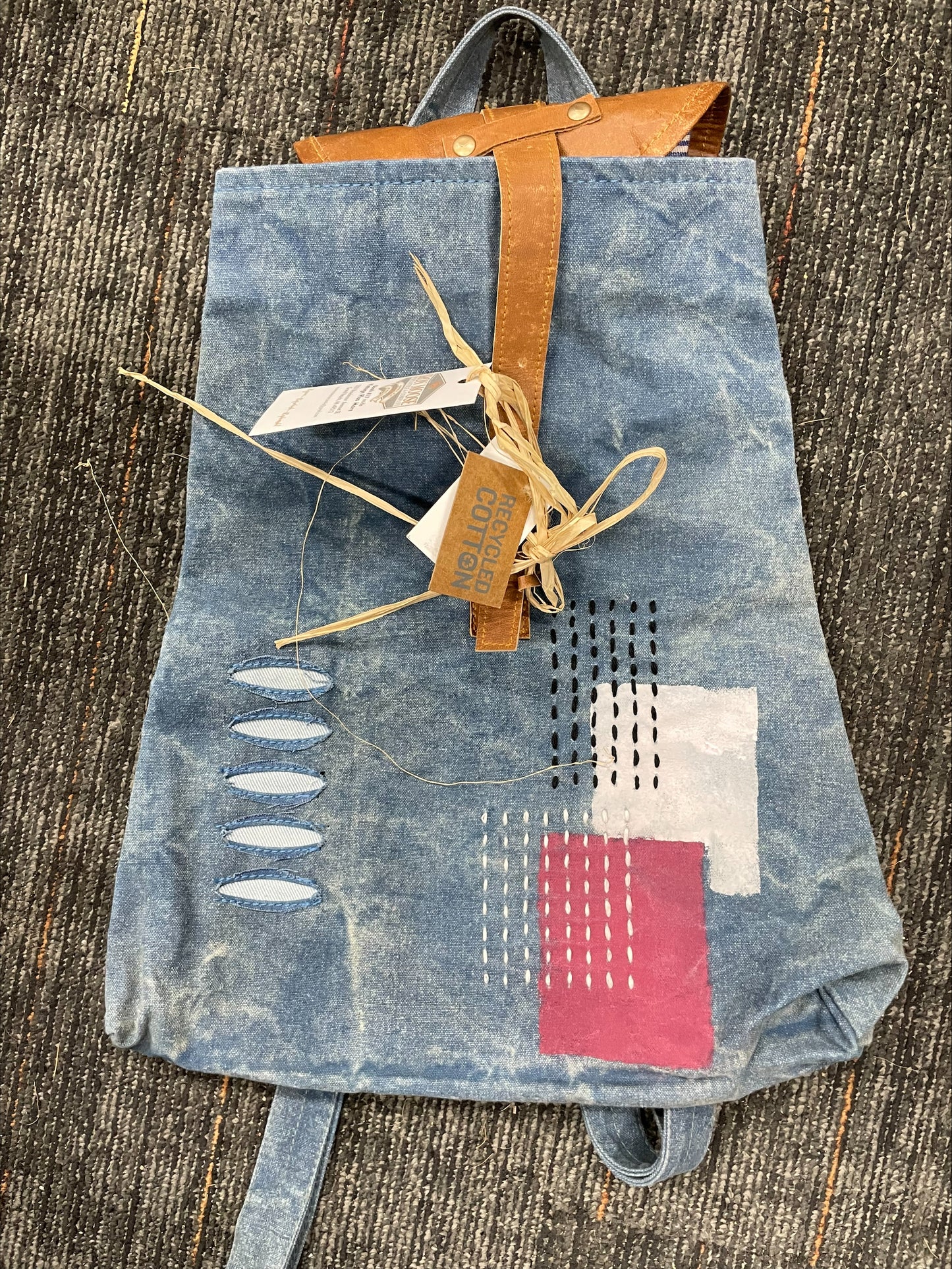 Vintage Upcycled Denim Blue Canvas Backpack 13"wx15.75"hx3"d