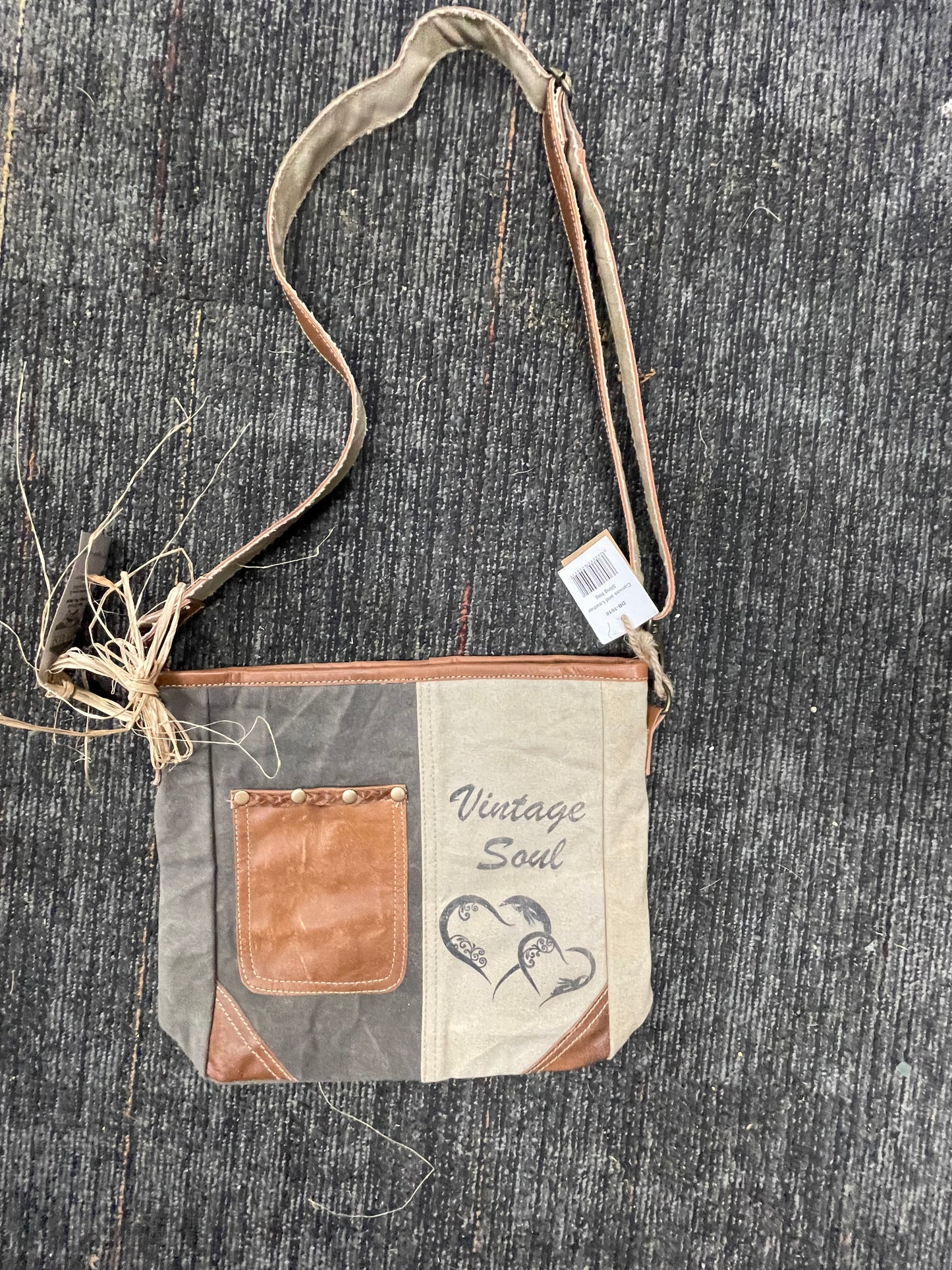 Vintage Soul Heart Upcycled Canvas Cross Body Bag Tan & Charcoal 13.5"wx15.75"hx3"d
