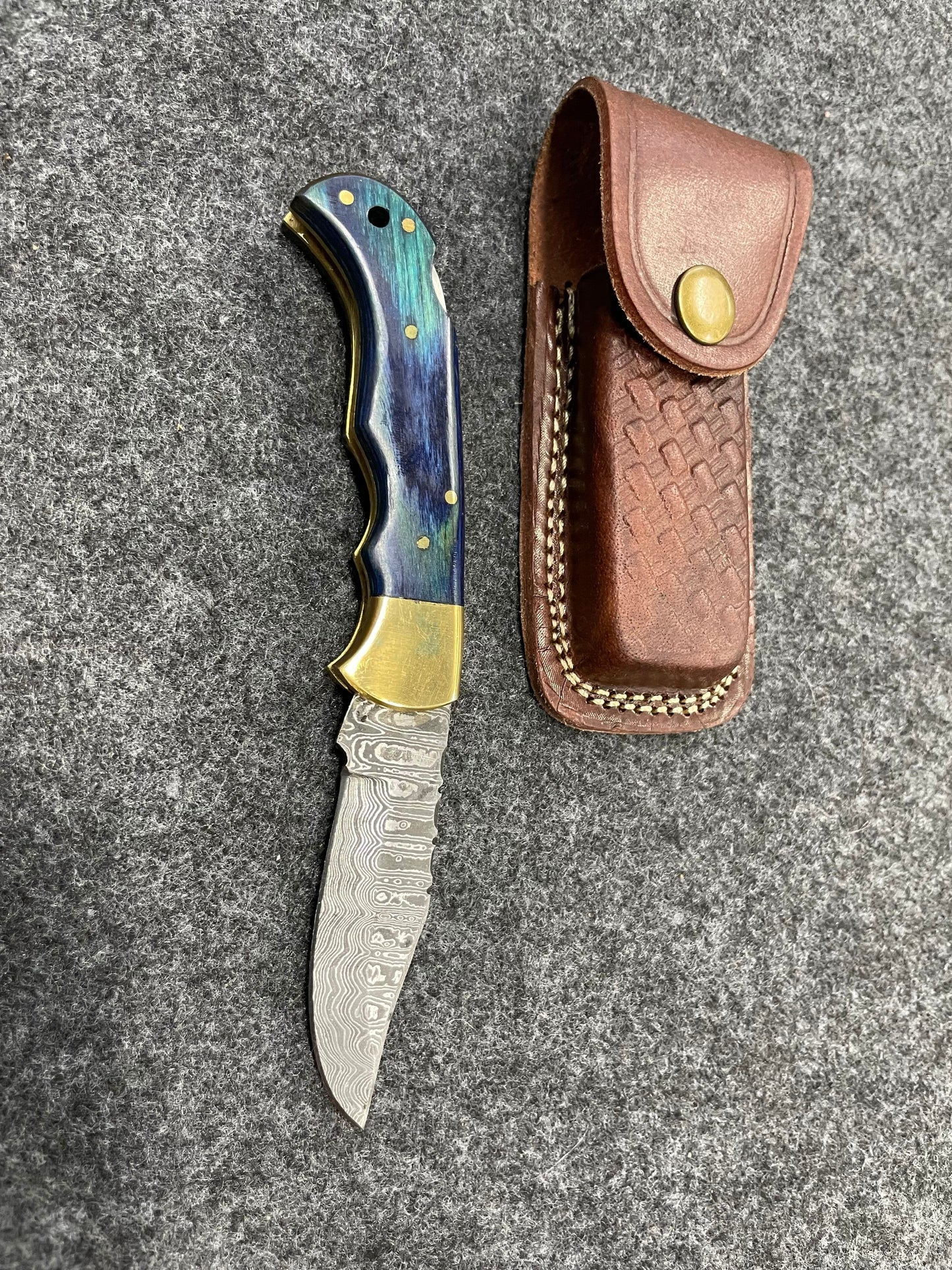 Titan Damascus Blue Diamond Wood folding knife with Leather Sheath BP-002; 4.2" blade