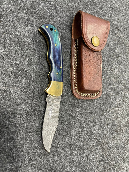Titan Damascus Blue Diamond Wood folding knife with Leather Sheath BP-002; 4.2" blade