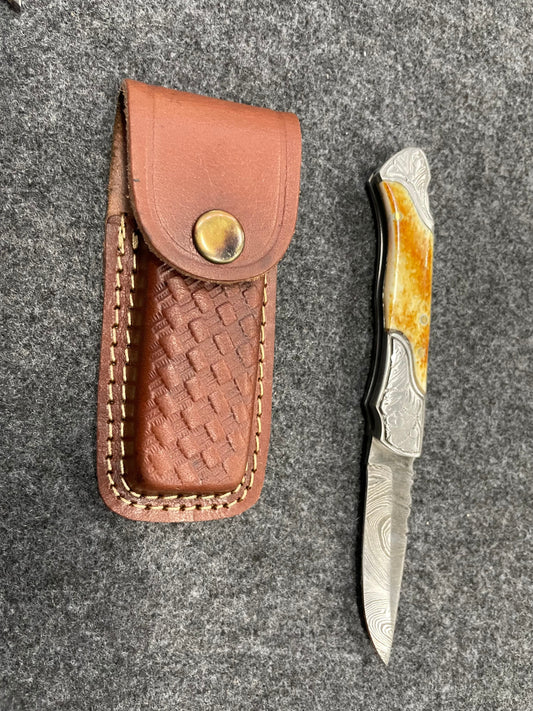 Titan Damascus Steel handmade Pocket Knife with burn bone handles with steel bolsters TF-30 31/4"
