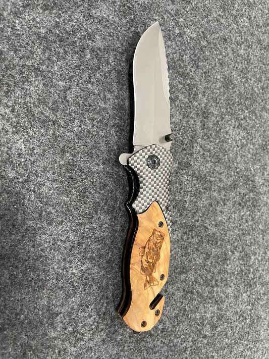 Laser Etched, "Wide Mouth Bass" 3 3/8" Olive Wood Knife