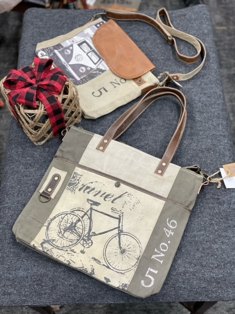 Bicycle Upcycled Canvas Shopper Tote Cream & Military Green 14"wx14"hx3"d