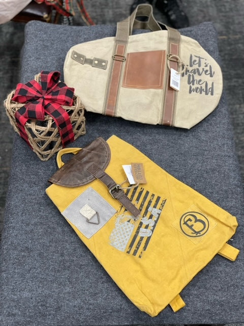 Let's Travel the World' Upcycled Barrel Bag Light Tan 8.25"roundx19"long