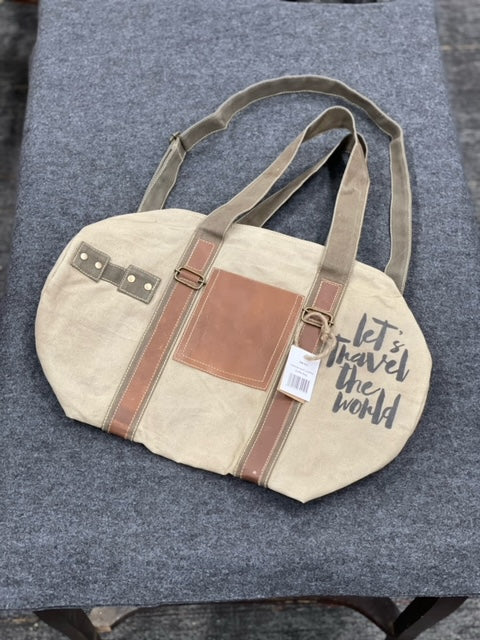 Let's Travel the World' Upcycled Barrel Bag Light Tan 8.25"roundx19"long