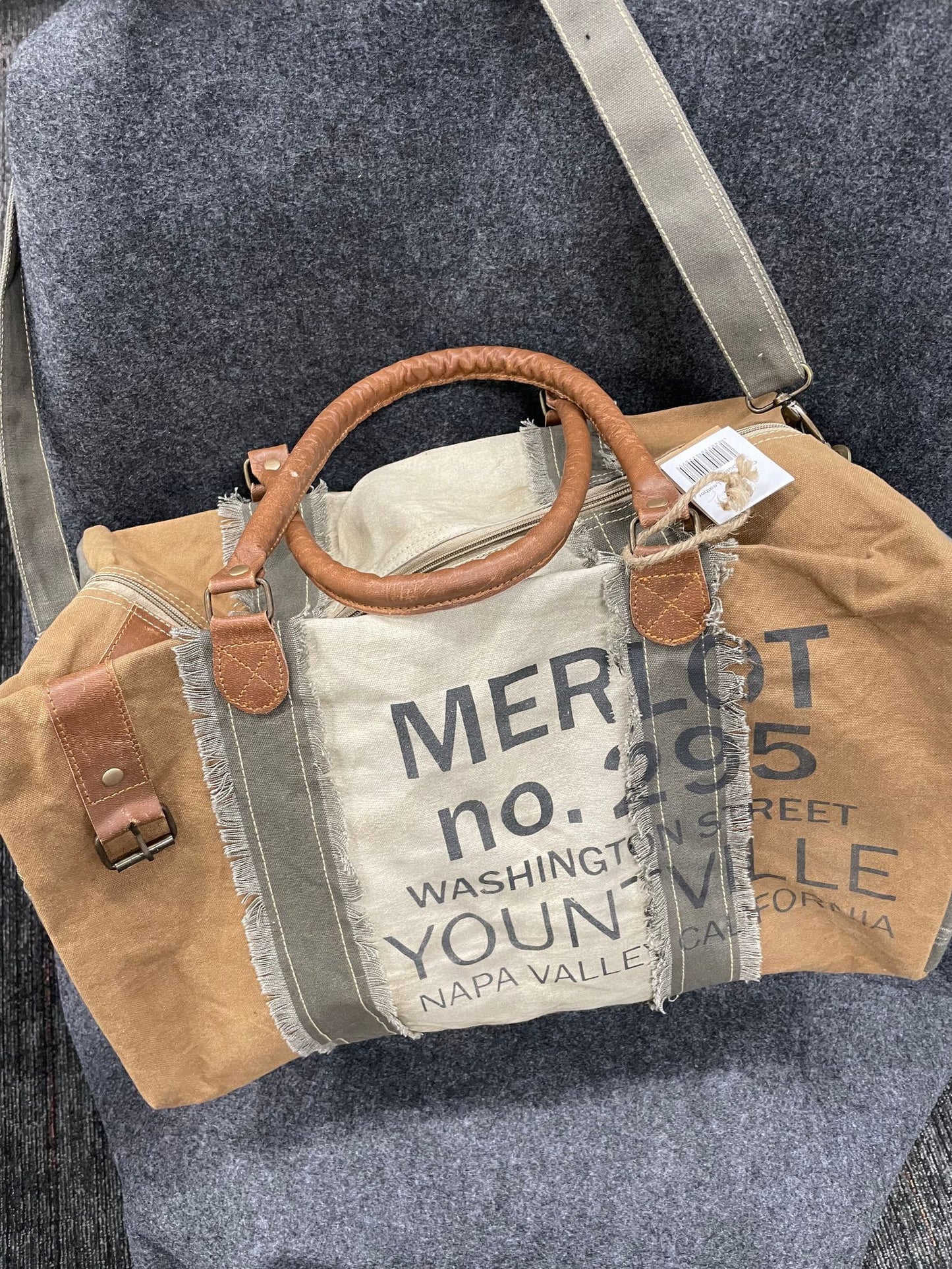 Multi Colour Upcycled Canvas Napa Valley Weekend Duffle Mustard Brown 10.75"hx19.25"w