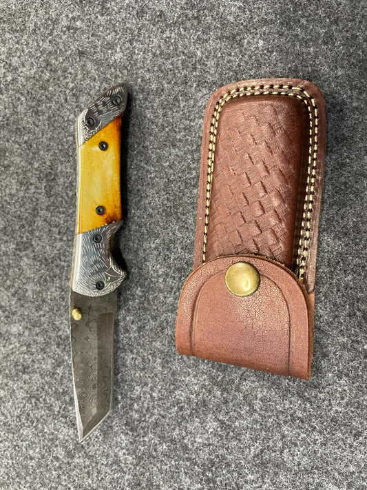 Titan American Eagle - Raindrop Damascus folding blade/ EDC/ Eagle engraved Steel Bolster 4.2" Blade