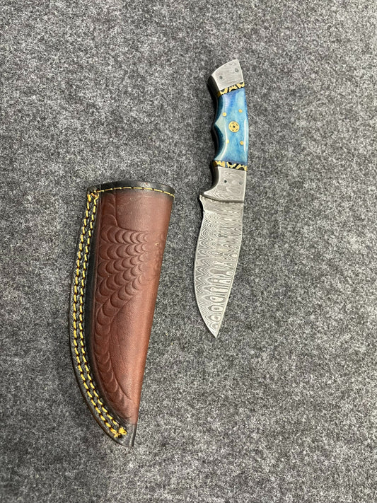 Titan Fixed Blade knife and Damascus Steel / Dyed Blue Bone handle 4" blade