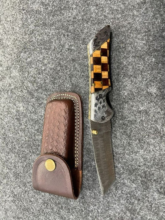 Titan Damascus Steel Eagle Engraved Checkered Pocket Knife TK-041 3" blade
