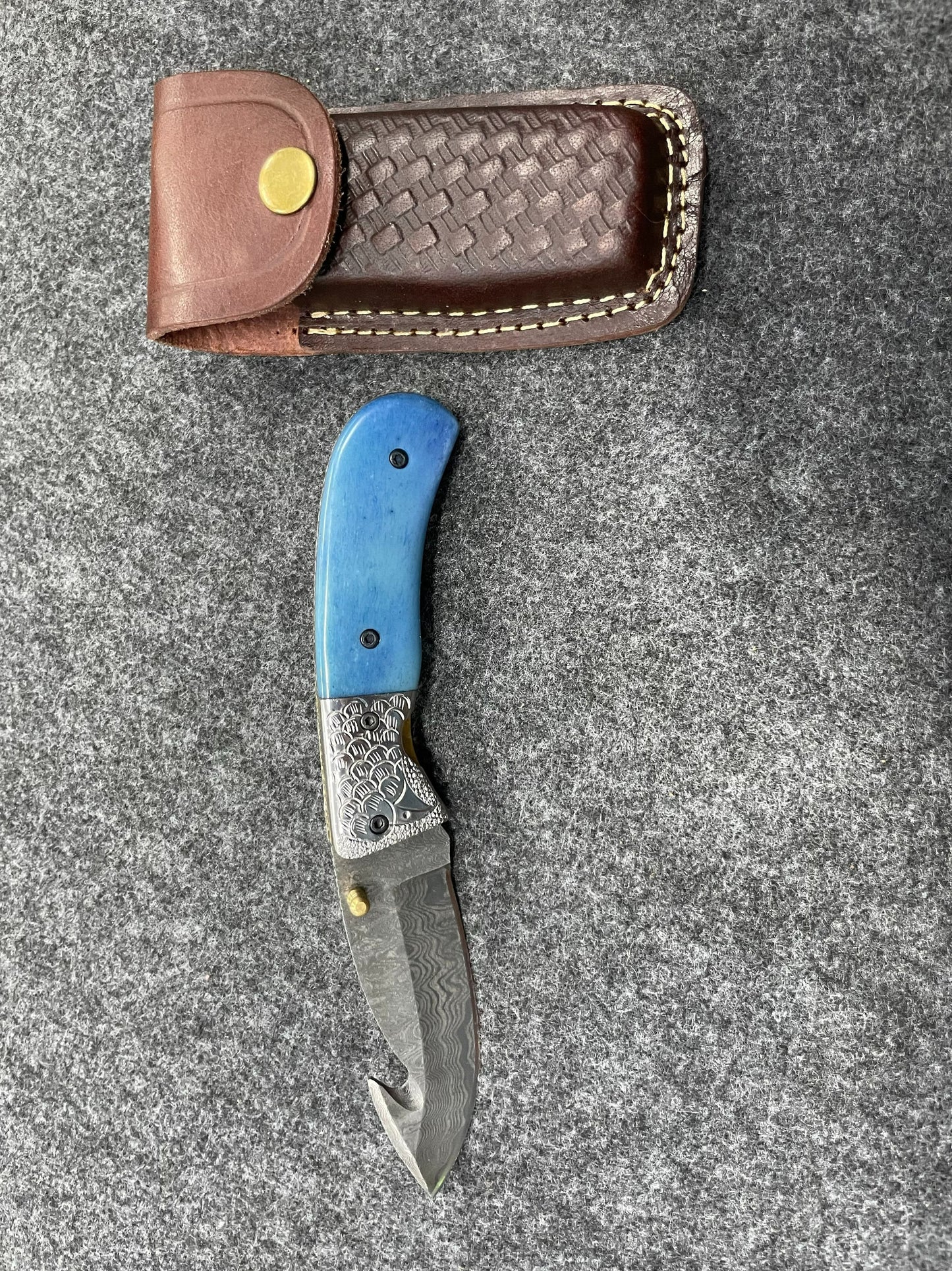 Titan Damascus Steel Gut Hook Folding Knife with Dyed Bone w/3" blade