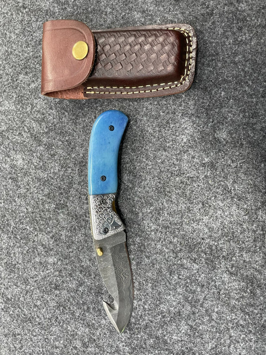 Titan Damascus Steel Gut Hook Folding Knife with Dyed Bone w/3" blade